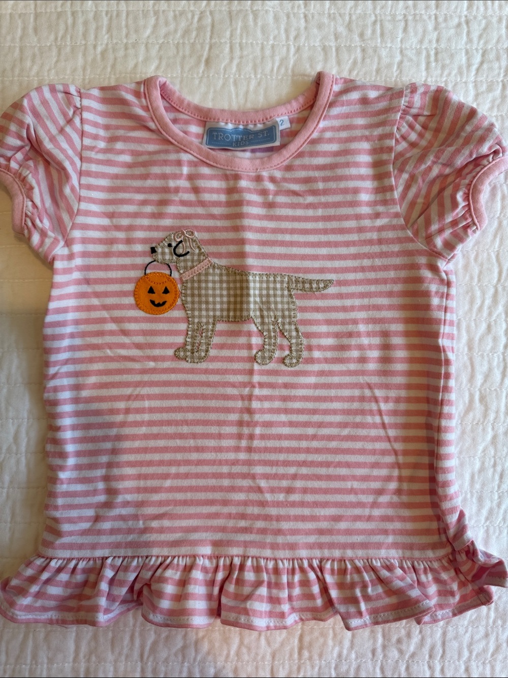Trotters Pink Stripe Puppy with pumpkin Appliqué Ruffle Tee